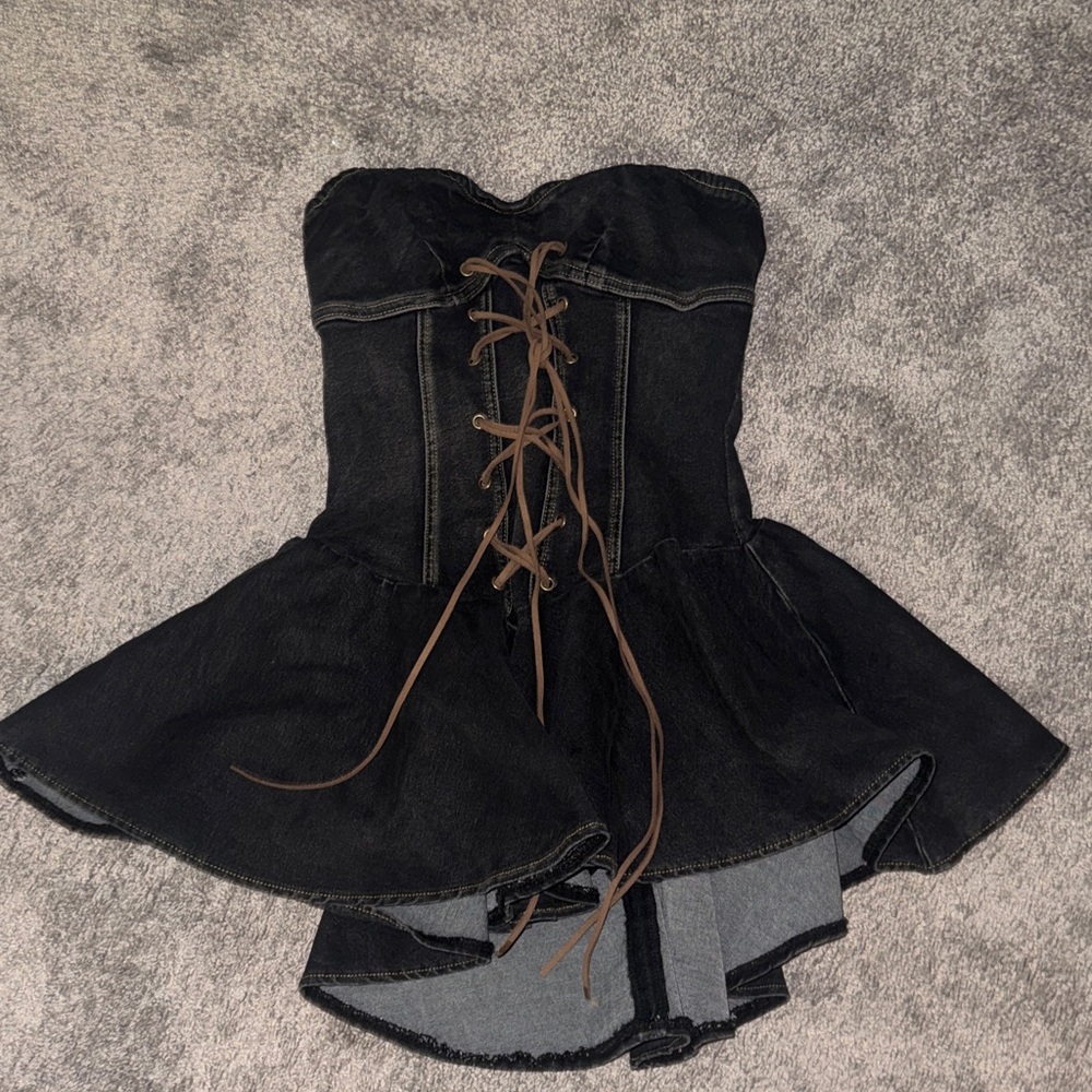 Black Denim Corset Top with Brown Laces